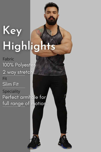 Grey Amplify Stringer Tank Top by Fuaark NZ, a fitness performance wear with sleeveless design and athletic fit.