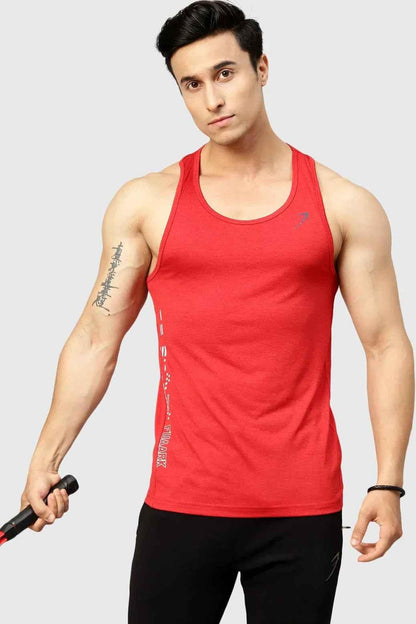 Bright red Fuaark Nz melange tank top, stylish and comfortable activewear, shown on a model with a casual fit and soft fabric texture.
