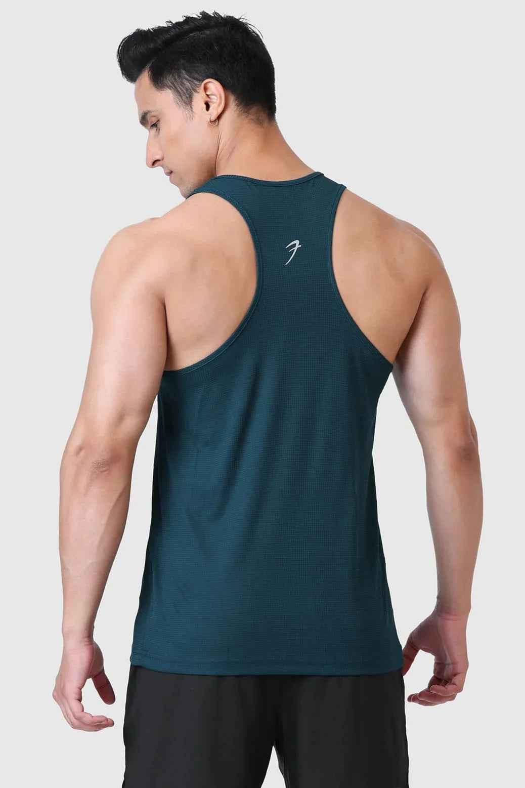 Fuaark Nz checks running tank top in bottle green, lightweight sleeveless athletic top for active wear.