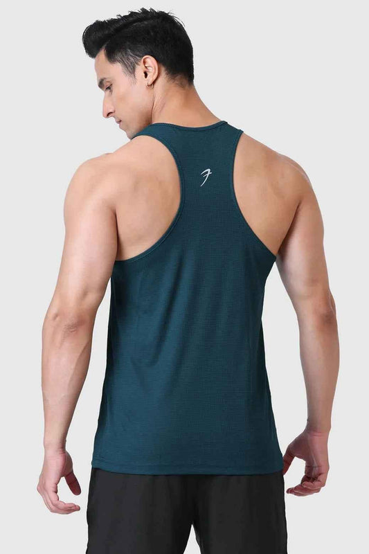Fuaark Nz checks running tank top in bottle green, lightweight sleeveless athletic top for active wear.