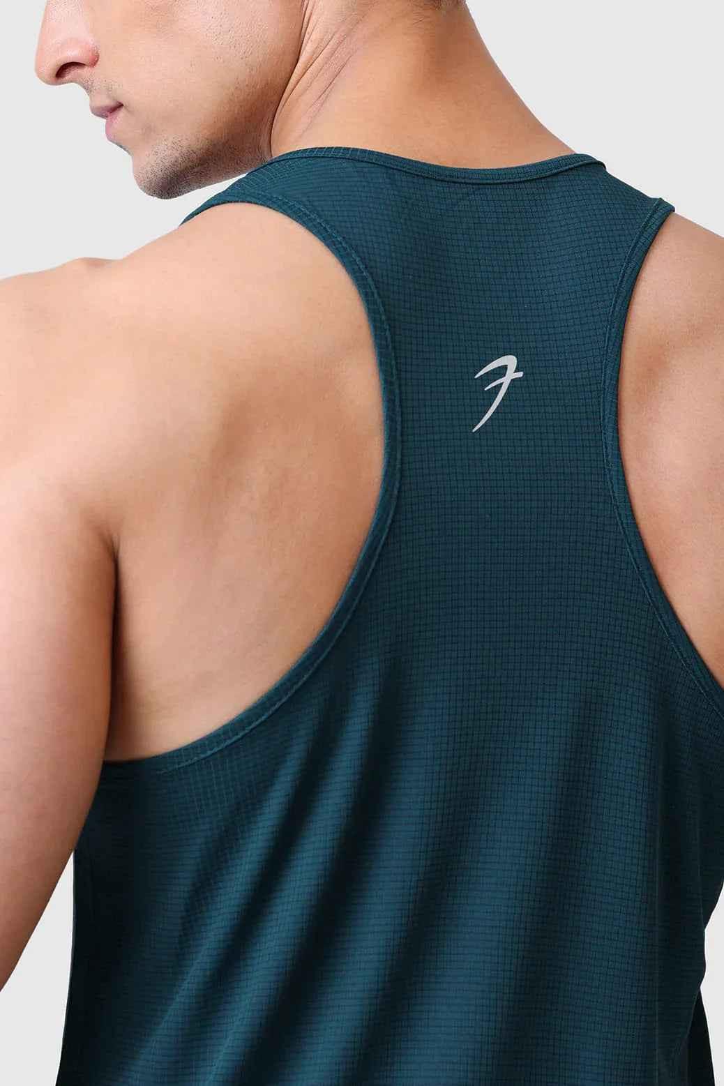 Bottle green checks running tank top by Fuaark Nz, sporty sleeveless athletic tank for active wear.