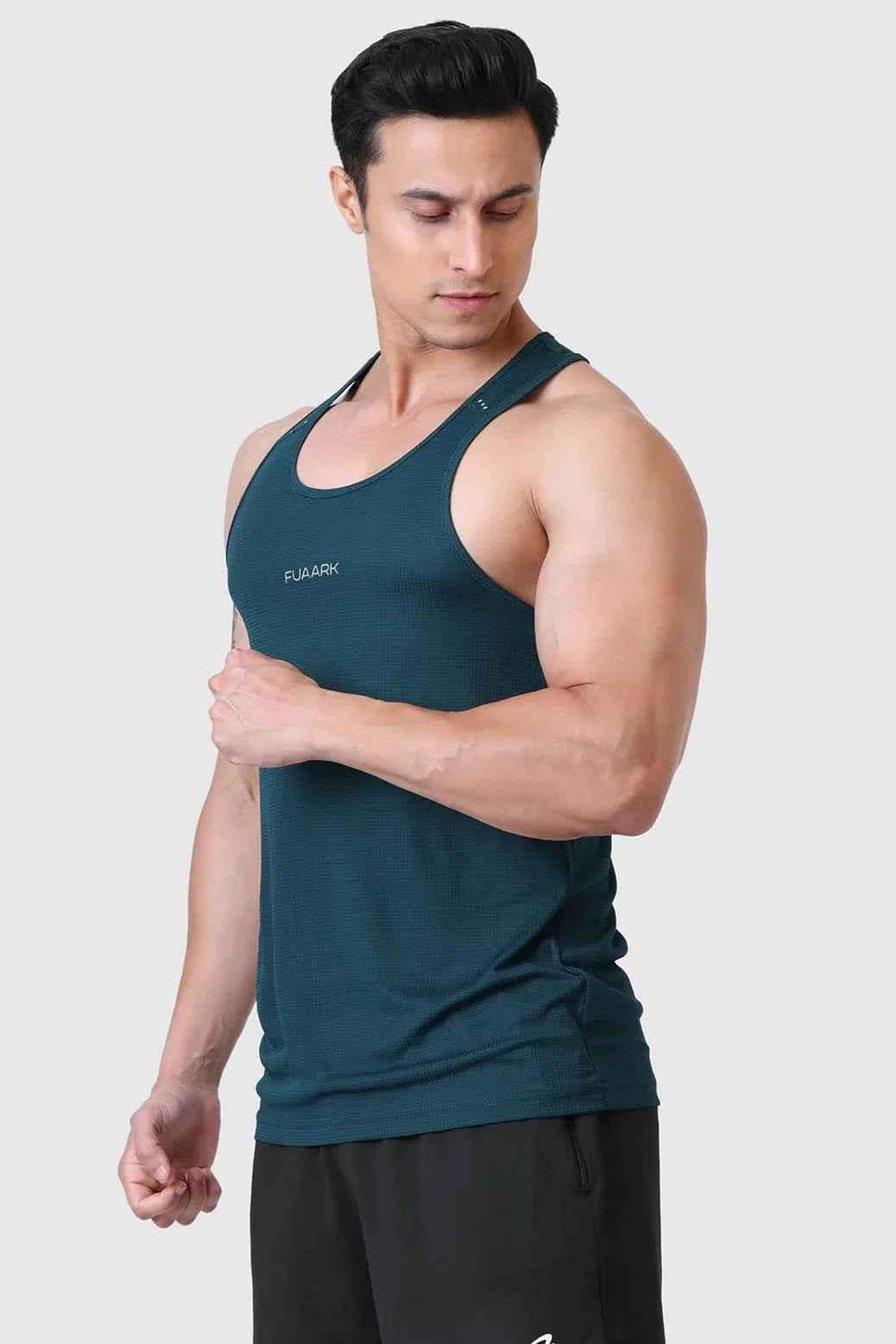 Bottle green Checks Running Tank Top by Fuaark Nz, lightweight sleeveless athletic apparel for running and active wear.