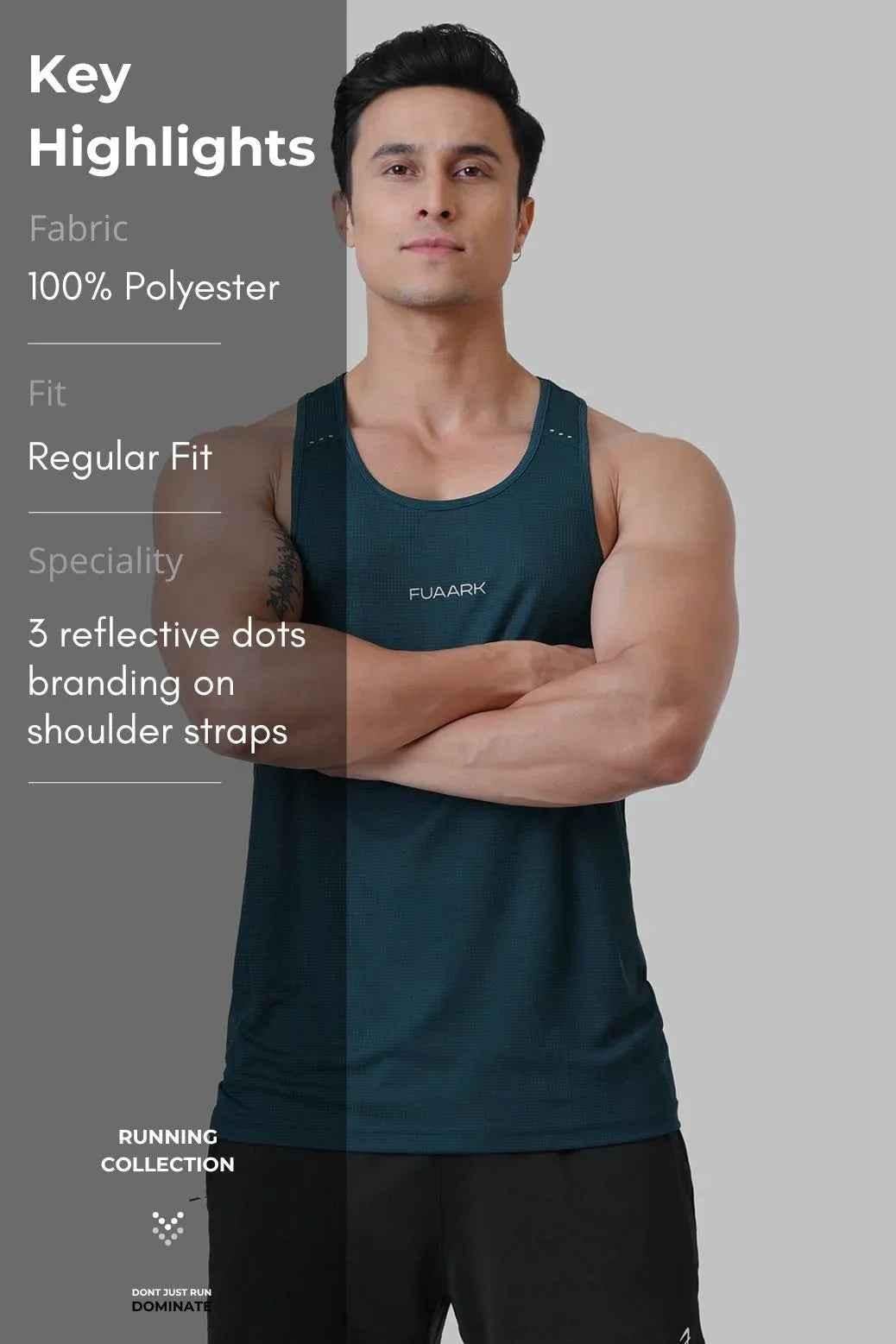 Bottle green Checks Running Tank Top by Fuaark Nz, lightweight sleeveless athletic top for active wear.