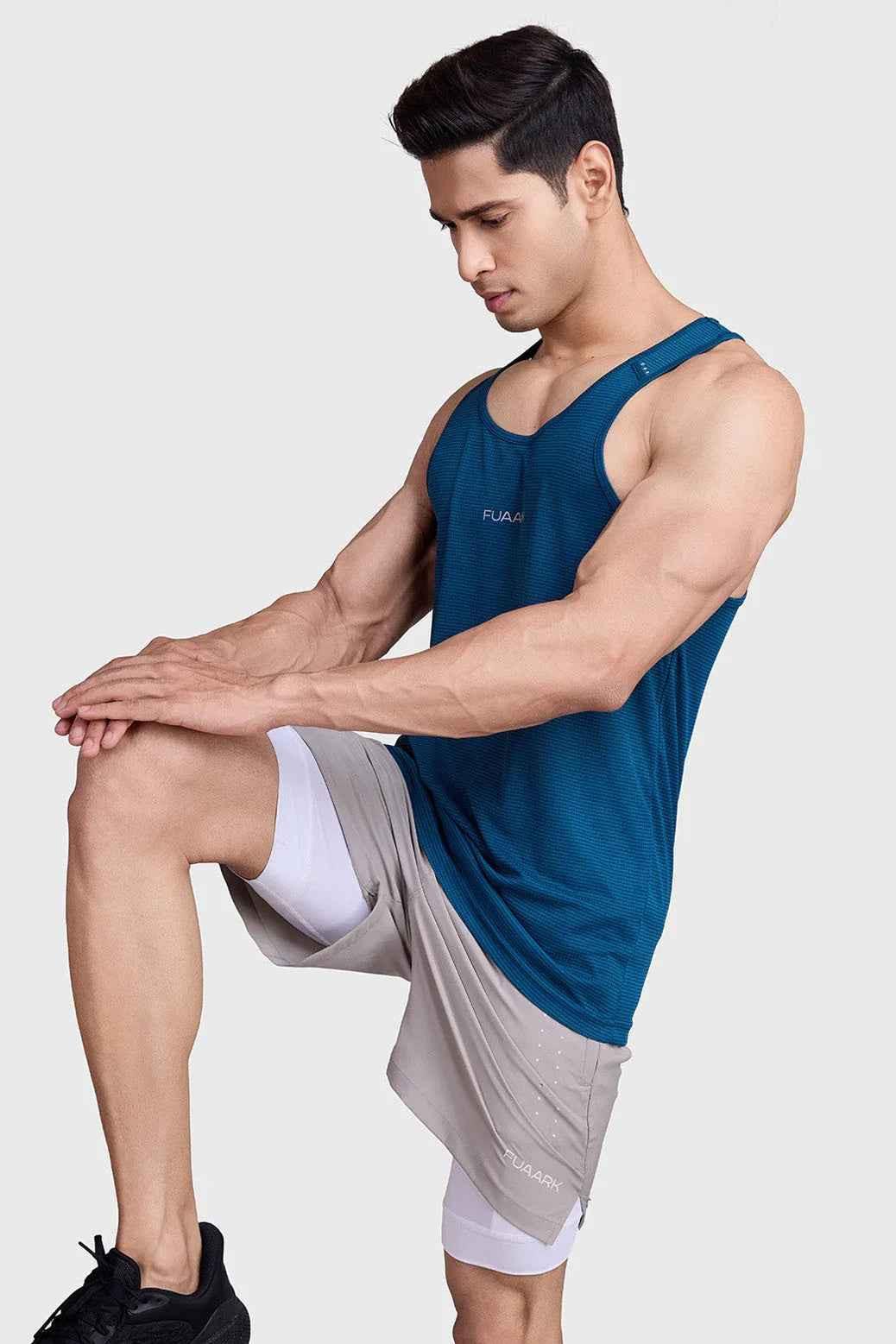 Teal Checks Running Tank Top by Fuaark Nz, lightweight sleeveless athletic shirt for active wear.