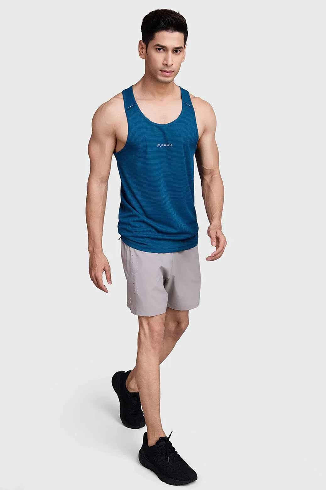 Teal checks running tank top by Fuaark Nz, sleeveless athletic shirt for active wear, with a comfortable fit and stylish design.