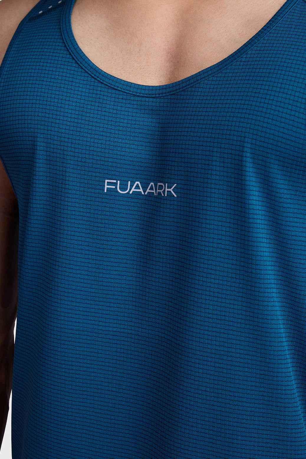 Teal Checks Running Tank Top by Fuaark Nz, athletic sleeveless top with checkered pattern for active wear.