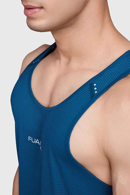 Teal Checks Running Tank Top by Fuaark NZ, lightweight athletic sleeveless shirt for activewear.