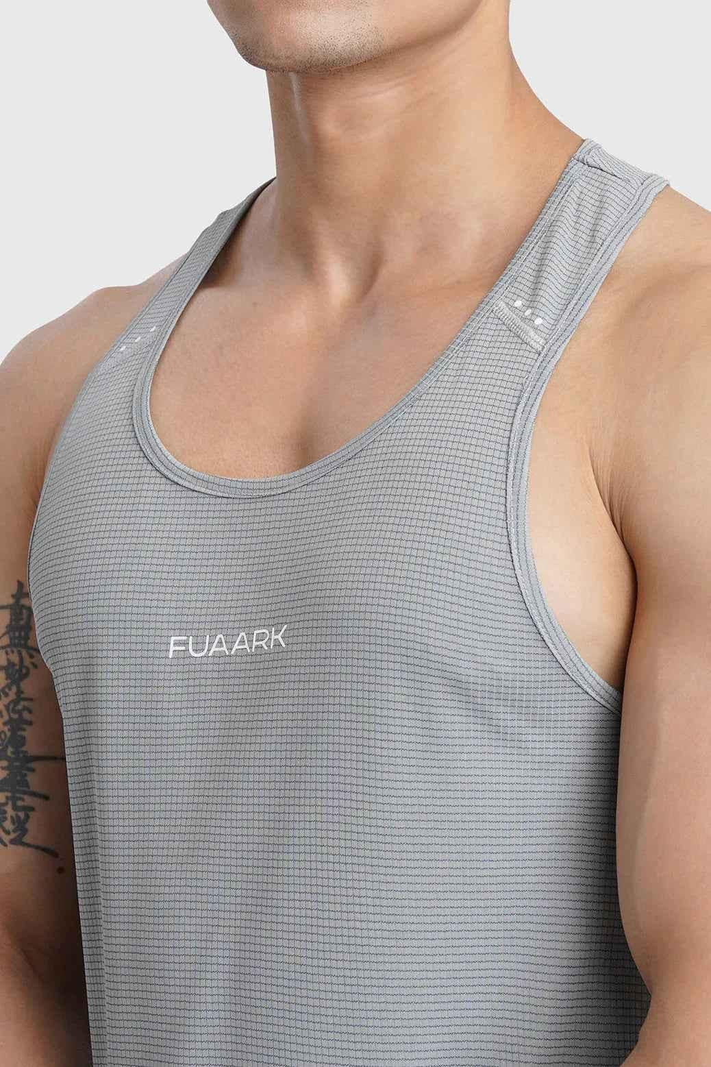 Fuaark Nz Checks Running Tank Top in Ultimate Grey, sleeveless athletic tank top for running and workouts.
