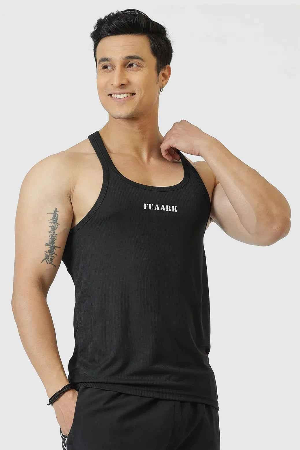 Black Checks Stringer tank top by Fuaark Nz featuring a fitted sleeveless design with checkered pattern.
