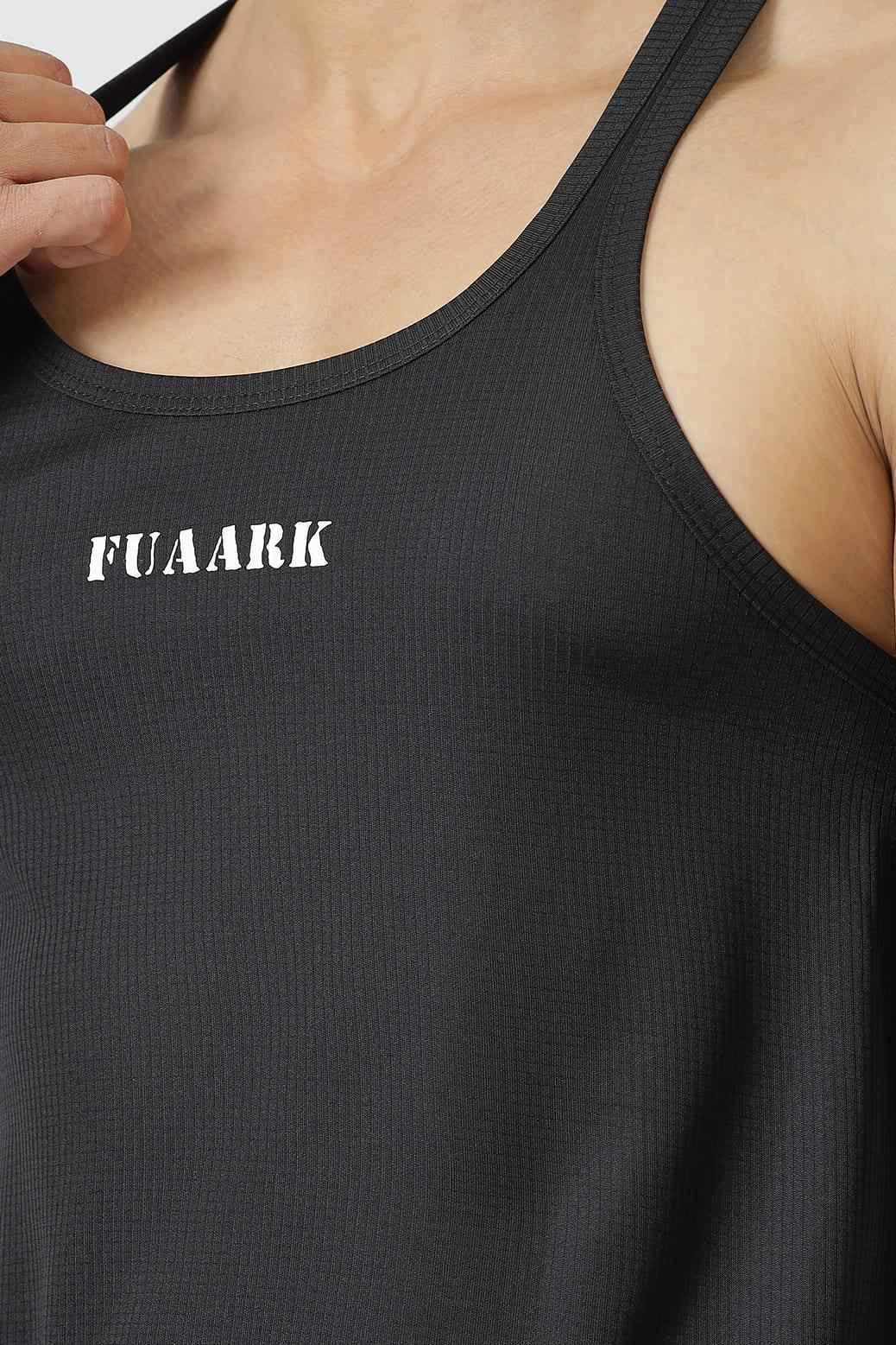 Black Checks Stringer Tank Top from Fuaark Nz, casual sleeveless shirt with checkered pattern and fitted style.