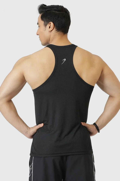Black Checks Stringer tank top by Fuaark Nz, featuring a fitted style with checkered pattern and sleeveless design.
