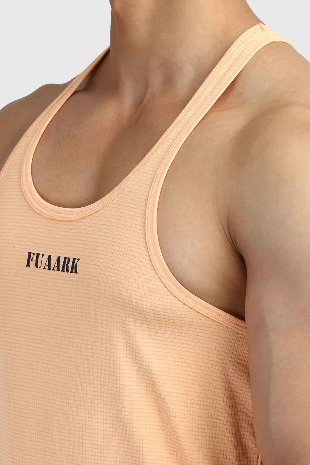 Fuaark Nz Checks Stringer Peach tank top with a sleeveless design and checkered pattern, casual summer wear.