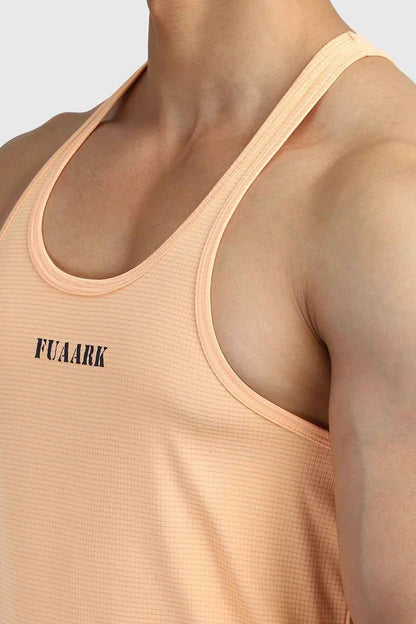 Fuaark Nz Checks Stringer Peach tank top with a sleeveless design and checkered pattern, casual summer wear.