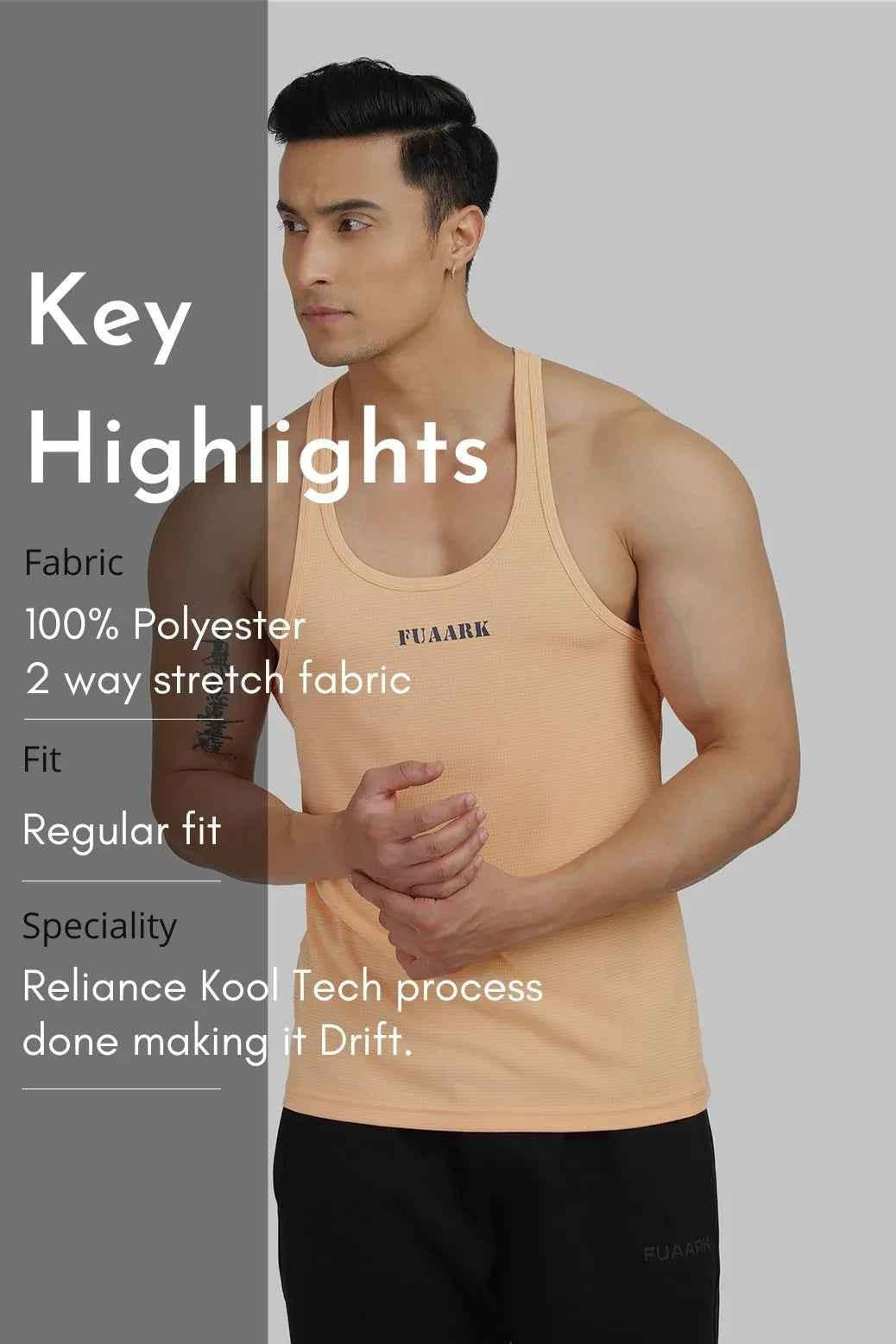 Fuaark Nz Checks Stringer Peach tank top featuring a stylish peach-colored design and sleeveless fit.