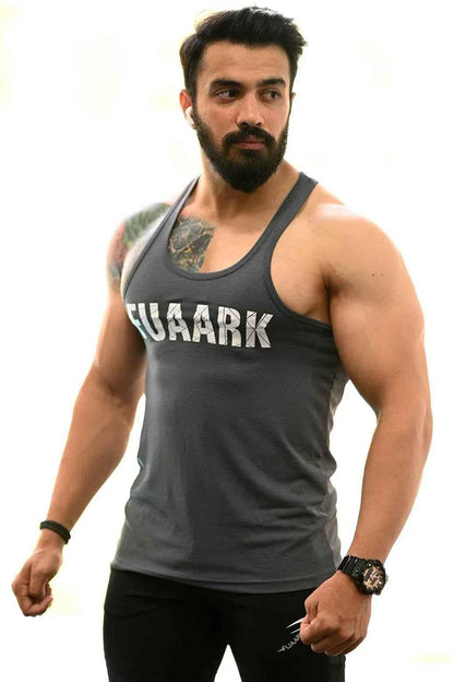 Grey Classic Stringer tank top by Fuaark Nz featuring a fitted sleeveless design and athletic style.