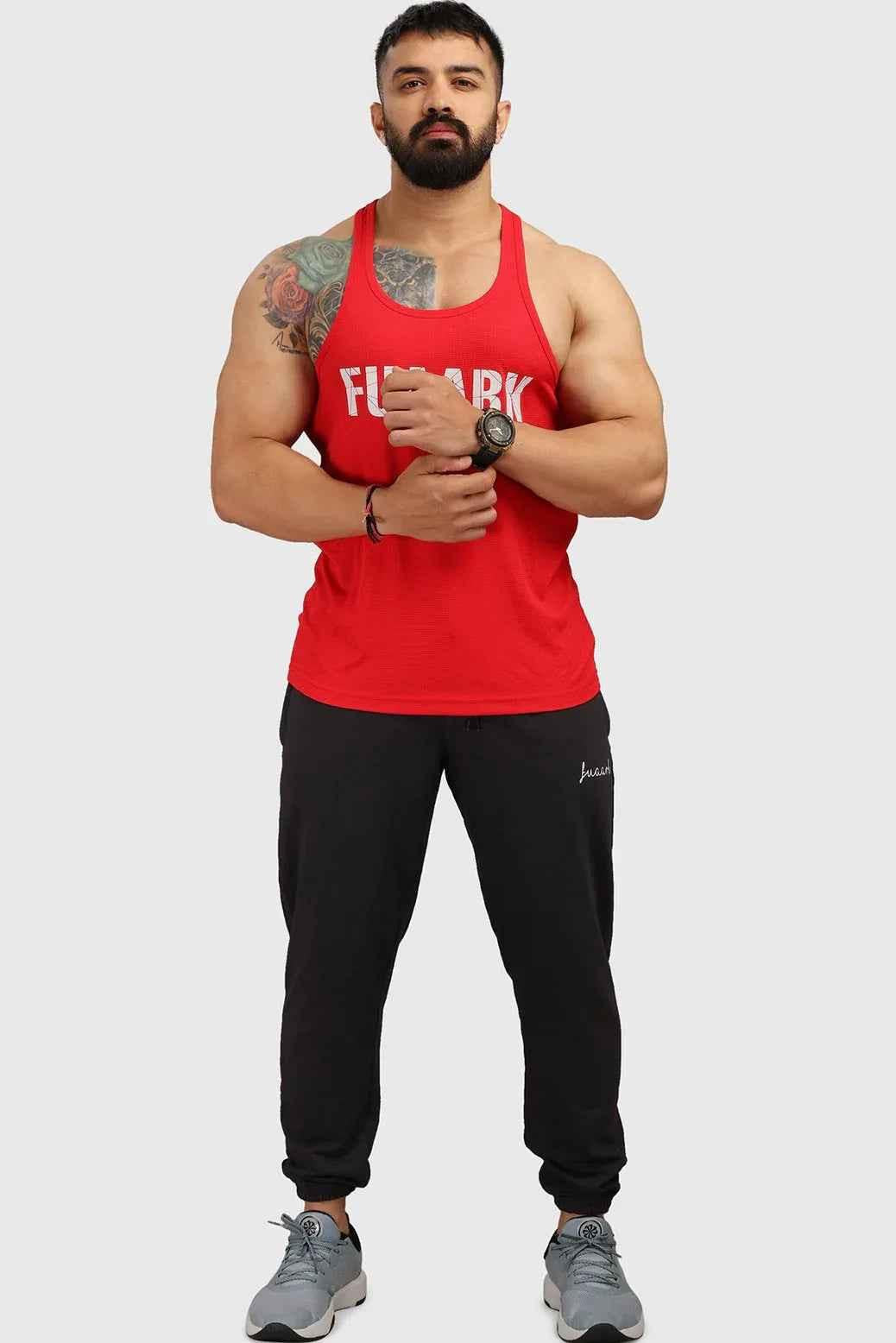 Red Classic Stringer tank top by Fuaark Nz, featuring a sleeveless design and athletic fit, ideal for workout or casual wear.