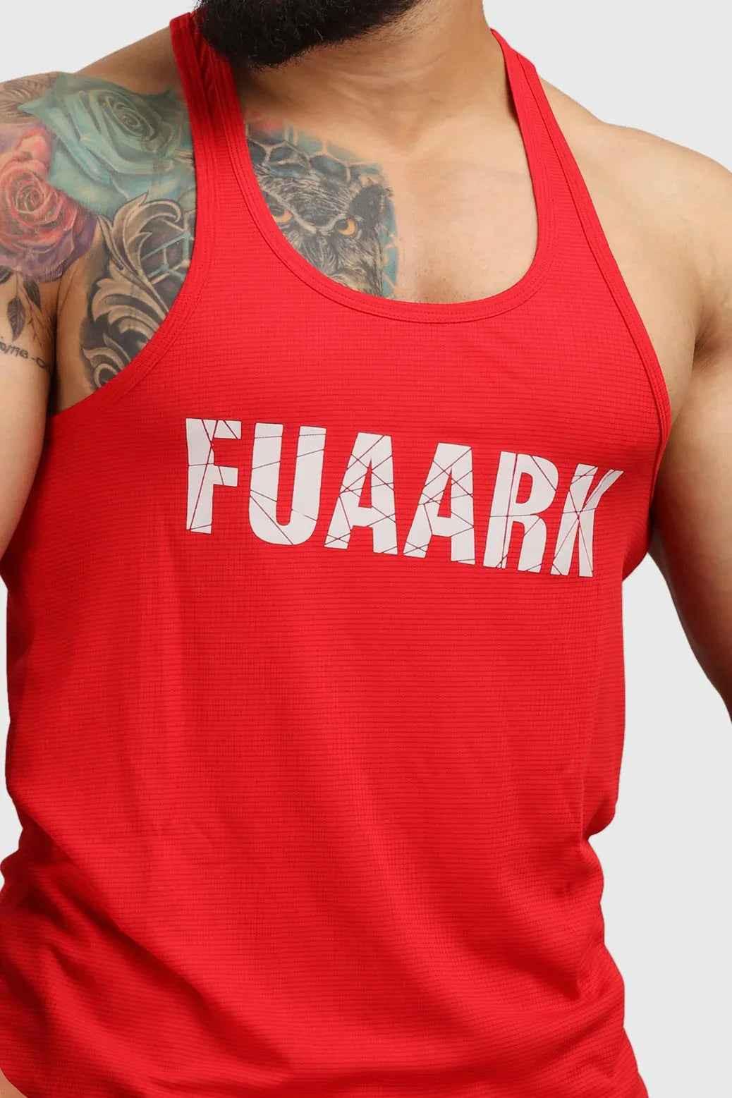 Red Fuaark NZ Classic Stringer tank top with thin straps and fitted design, displayed on a plain background.