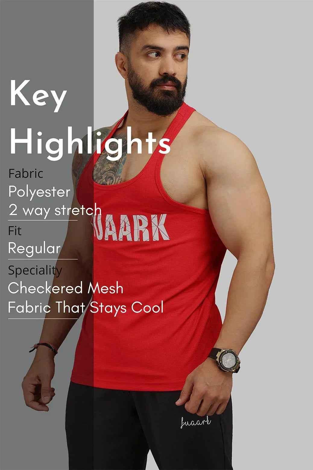 Red Classic Stringer tank top by Fuaark NZ, lightweight sleeveless athletic top with a fitted design.