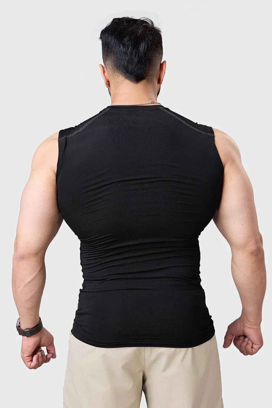 Black Fuaark Nz compression sleeveless tank top, close-up of the fitted athletic tank shirt for men.