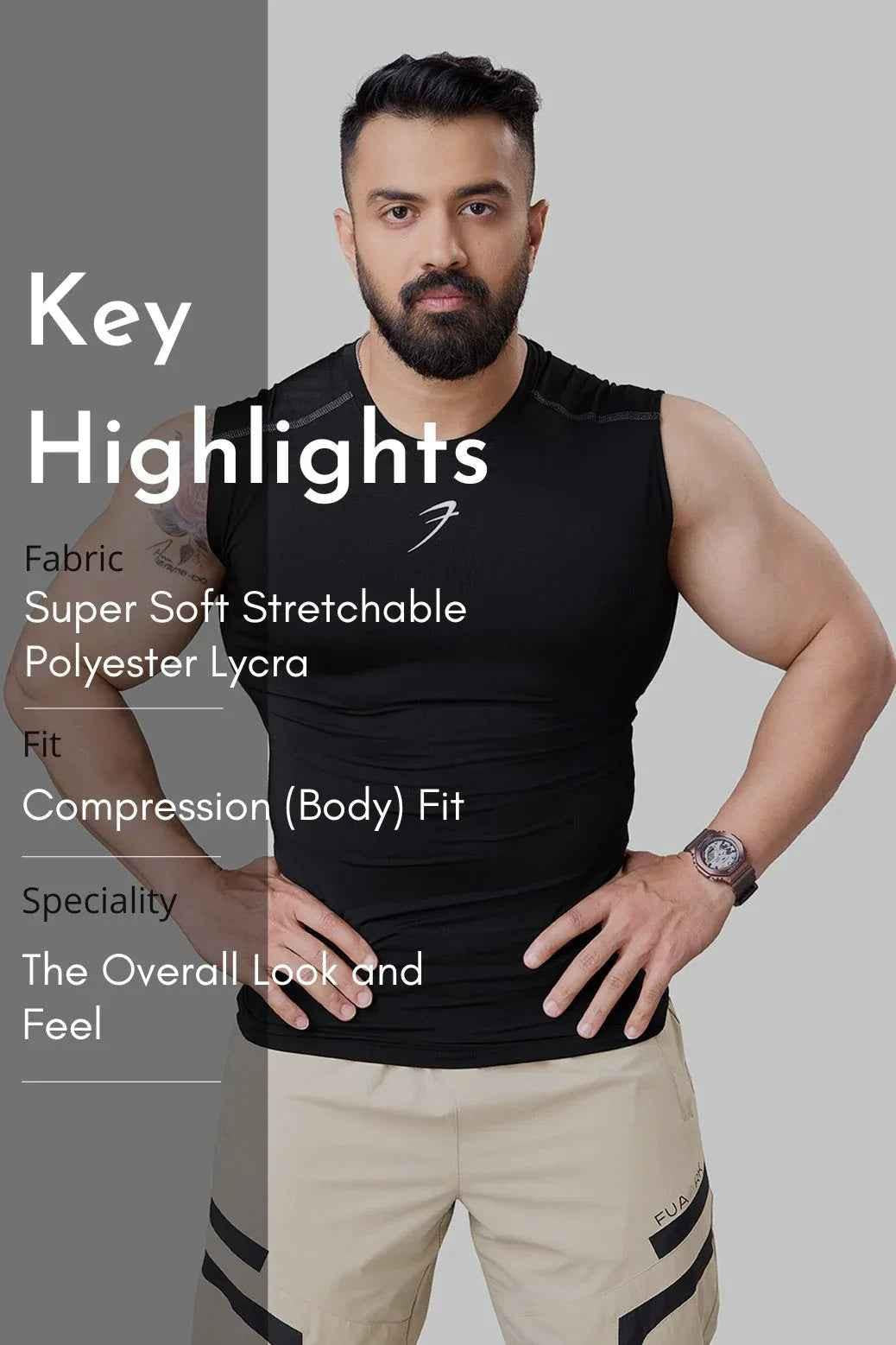 Black Fuaark Nz compression sleeveless tank top for men, showcasing a close-up of the fitted, breathable athletic design.