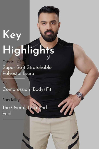 Black Fuaark Nz compression sleeveless tank top for men, showcasing a close-up of the fitted, breathable athletic design.