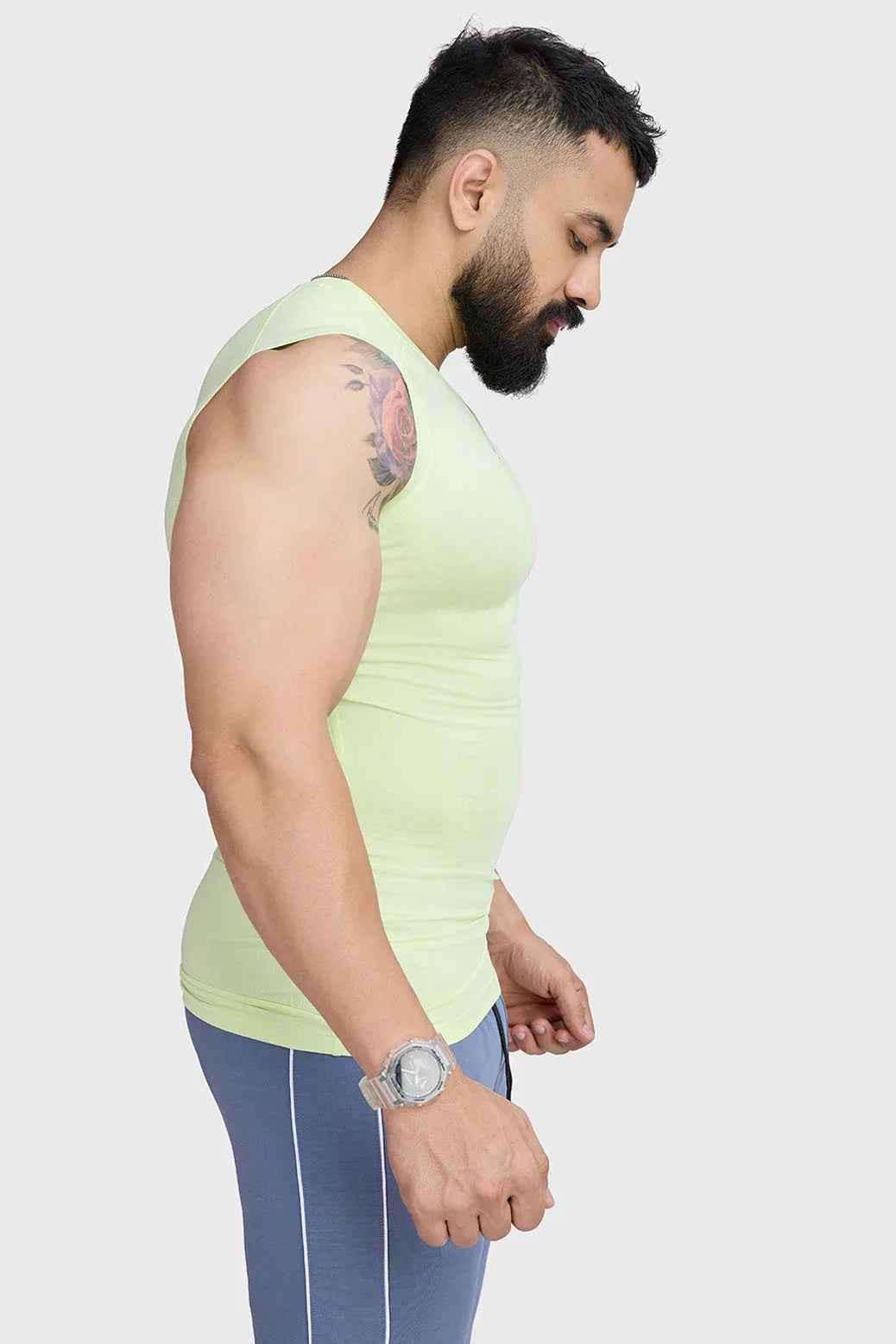 Fuaark Nz lime compression sleeveless tank top, athletic workout shirt with fitted design and breathable fabric.