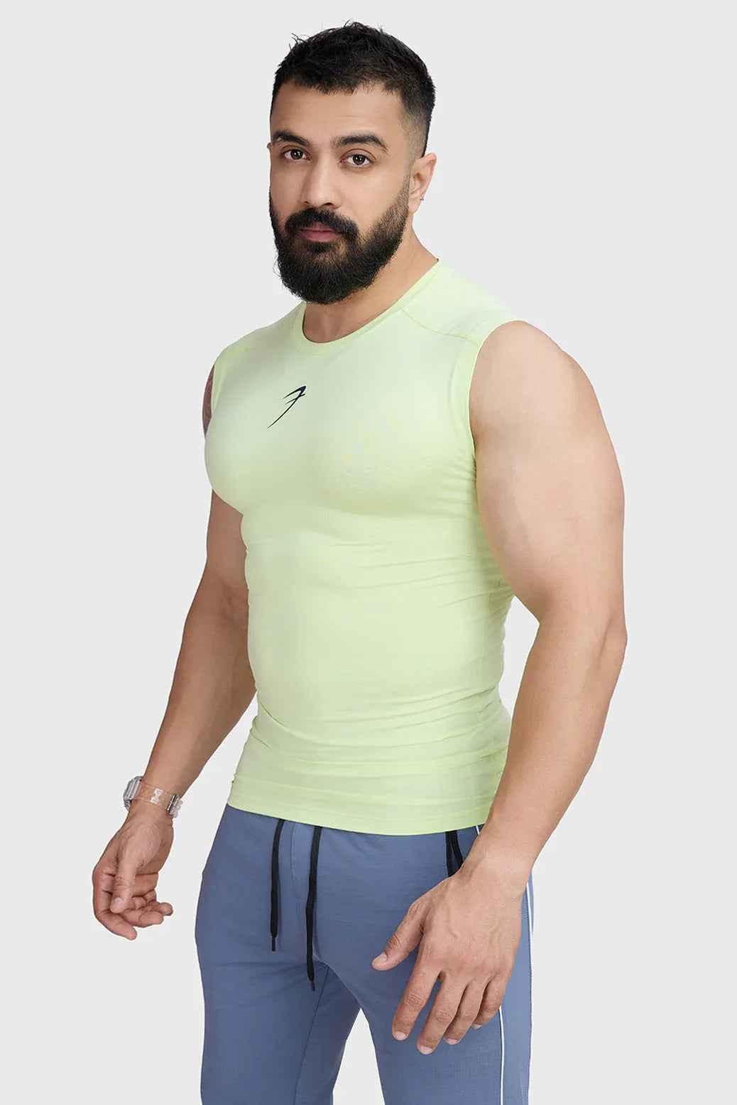 Lime green Fuaark Nz compression sleeveless tank top, form-fitting athletic shirt with sleeveless design for workouts.