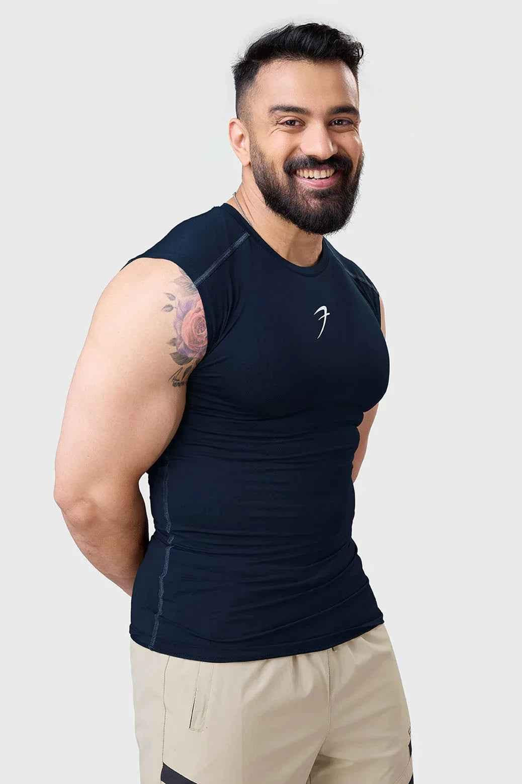 Navy compression sleeveless tank top by Fuaark Nz, designed for athletic wear and active lifestyles.
