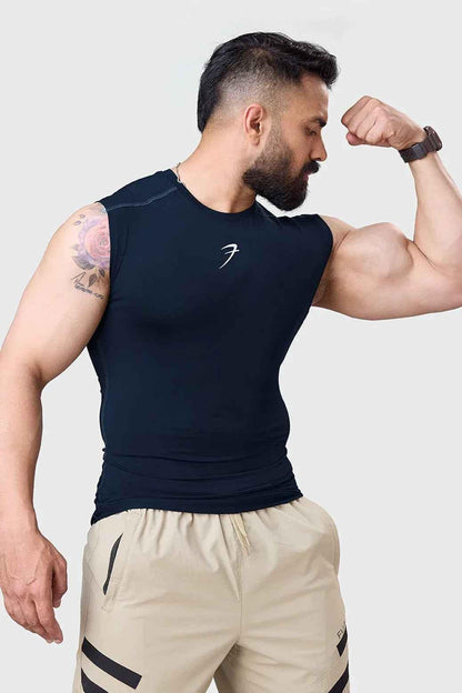 Navy compression sleeveless tank top by Fuaark Nz, close-up of fitted athletic shirt with smooth fabric and sleeveless design.