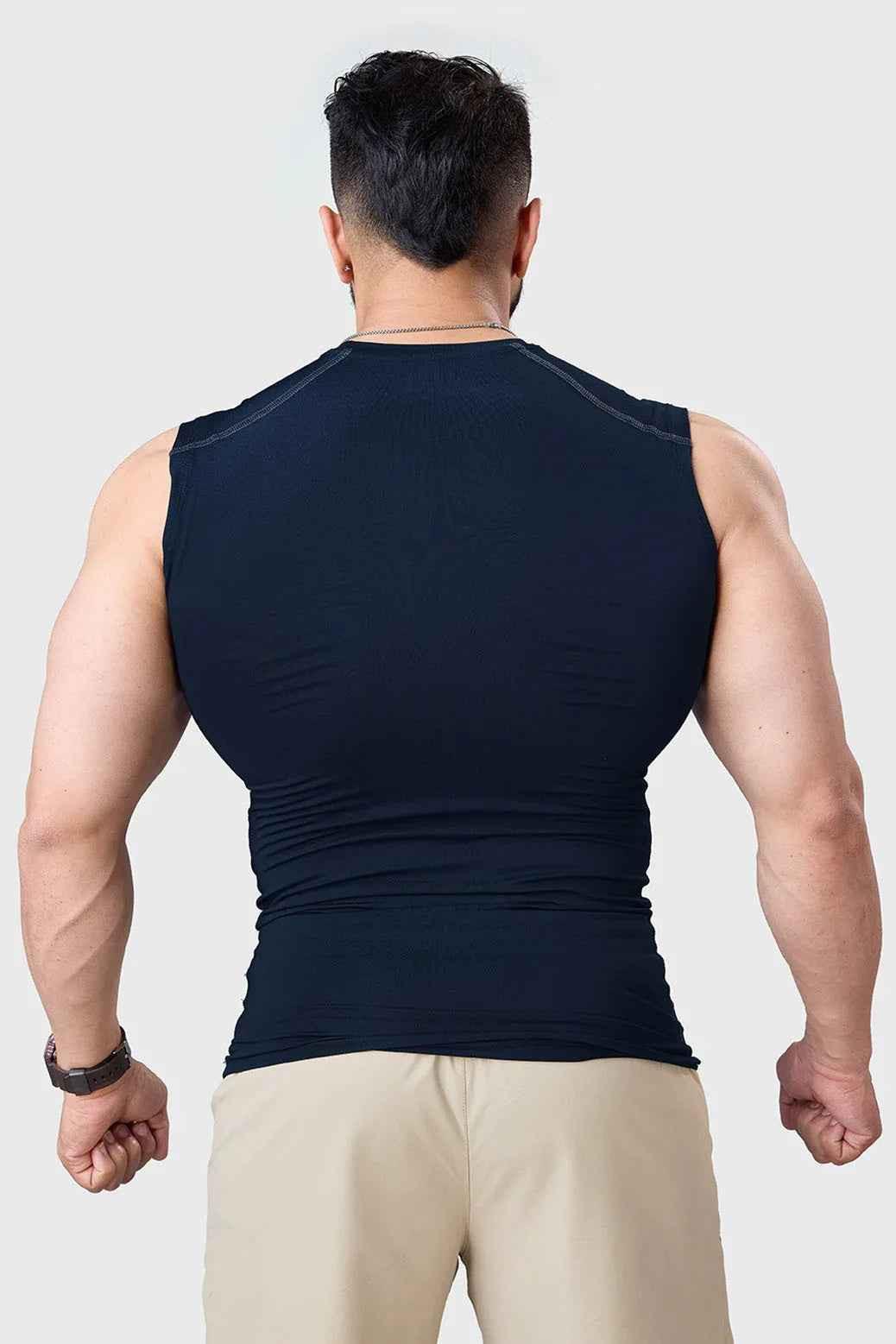 Navy compression sleeveless tank top by Fuaark Nz, designed for athletic use and comfortable fit.