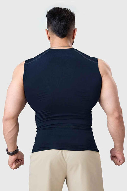 Navy compression sleeveless tank top by Fuaark Nz, designed for athletic use and comfortable fit.