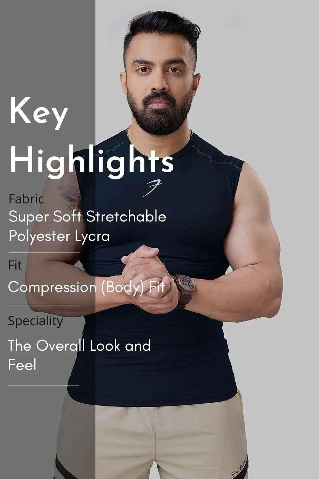 Navy compression sleeveless tank top by Fuaark NZ, lightweight athletic shirt for workouts and active wear.