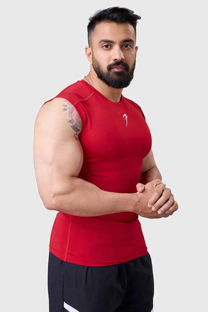 Red compression sleeveless tank top by Fuaark Nz, designed for performance and athletic wear, shown on a mannequin.