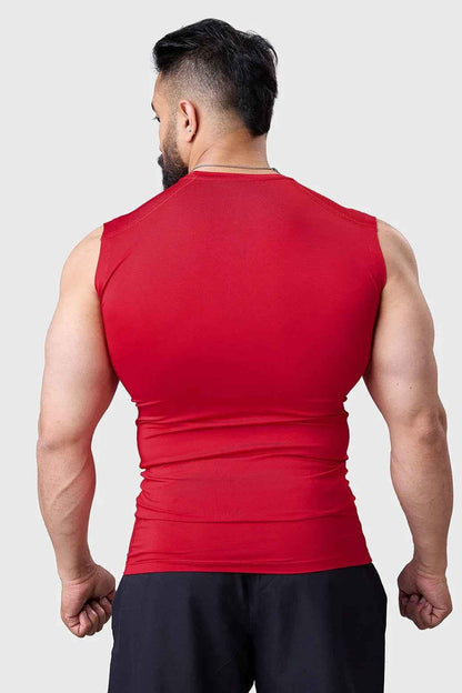 Red compression sleeveless tank top from Fuaark Nz, designed for performance and athletic wear.