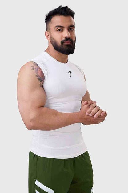 White compression sleeveless tank top by Fuaark Nz, designed for performance and athletic wear.