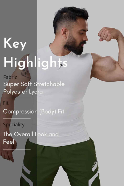 White compression sleeveless tank top from Fuaark Nz, designed for performance and athletic wear.