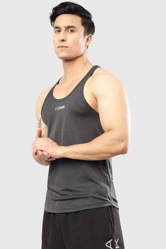 Dark grey mesh stringer tank top by Fuaark Nz, designed for comfort and style, featuring a lightweight, breathable fabric.