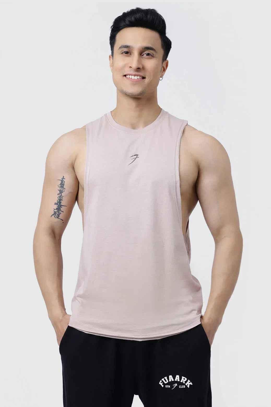 Beige Drift Deep Arm Tank Top by Fuaark Nz, casual sleeveless men's tank top with deep armholes and comfortable fit.