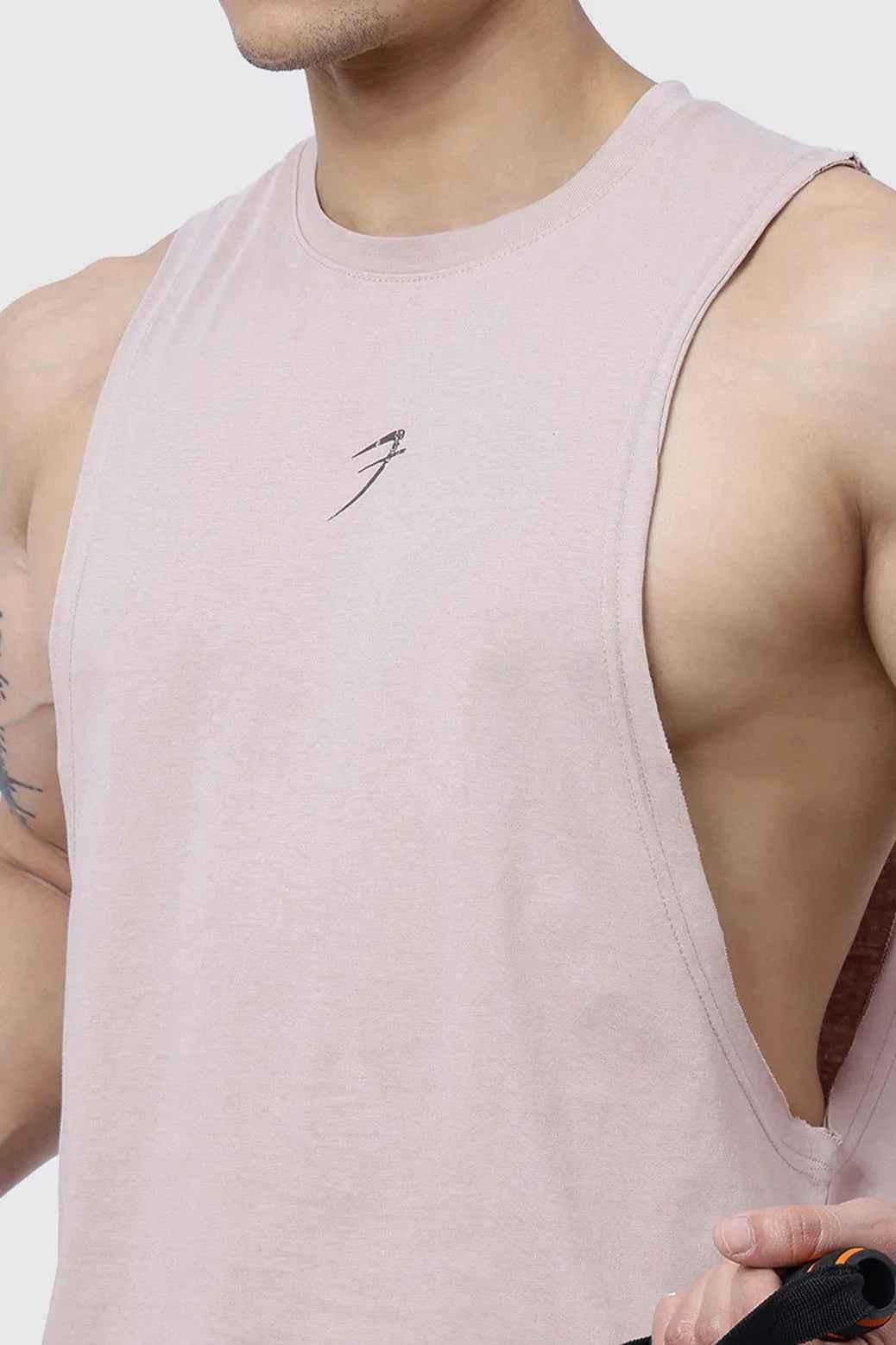 Beige Drift Deep Arm Tank Top by Fuaark Nz, sleeveless design, casual fit, perfect for summer or active wear.