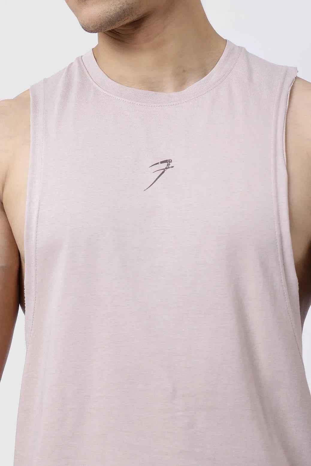 Beige Drift Deep Arm Tank Top by Fuaark Nz featuring a relaxed fit and deep armholes, ideal for casual wear.
