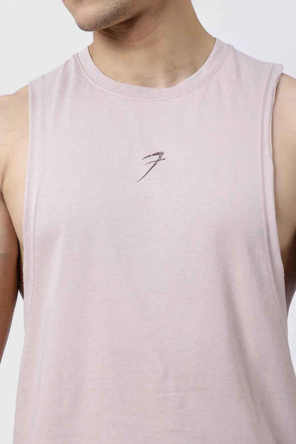 Beige Drift Deep Arm Tank Top by Fuaark Nz featuring a relaxed fit and deep armholes, ideal for casual wear.