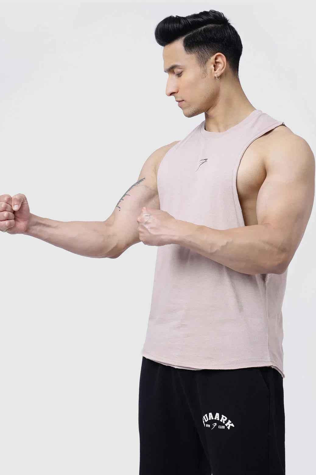 Beige Drift Deep Arm Tank Top by Fuaark Nz, lightweight sleeveless design, casual style for everyday wear.