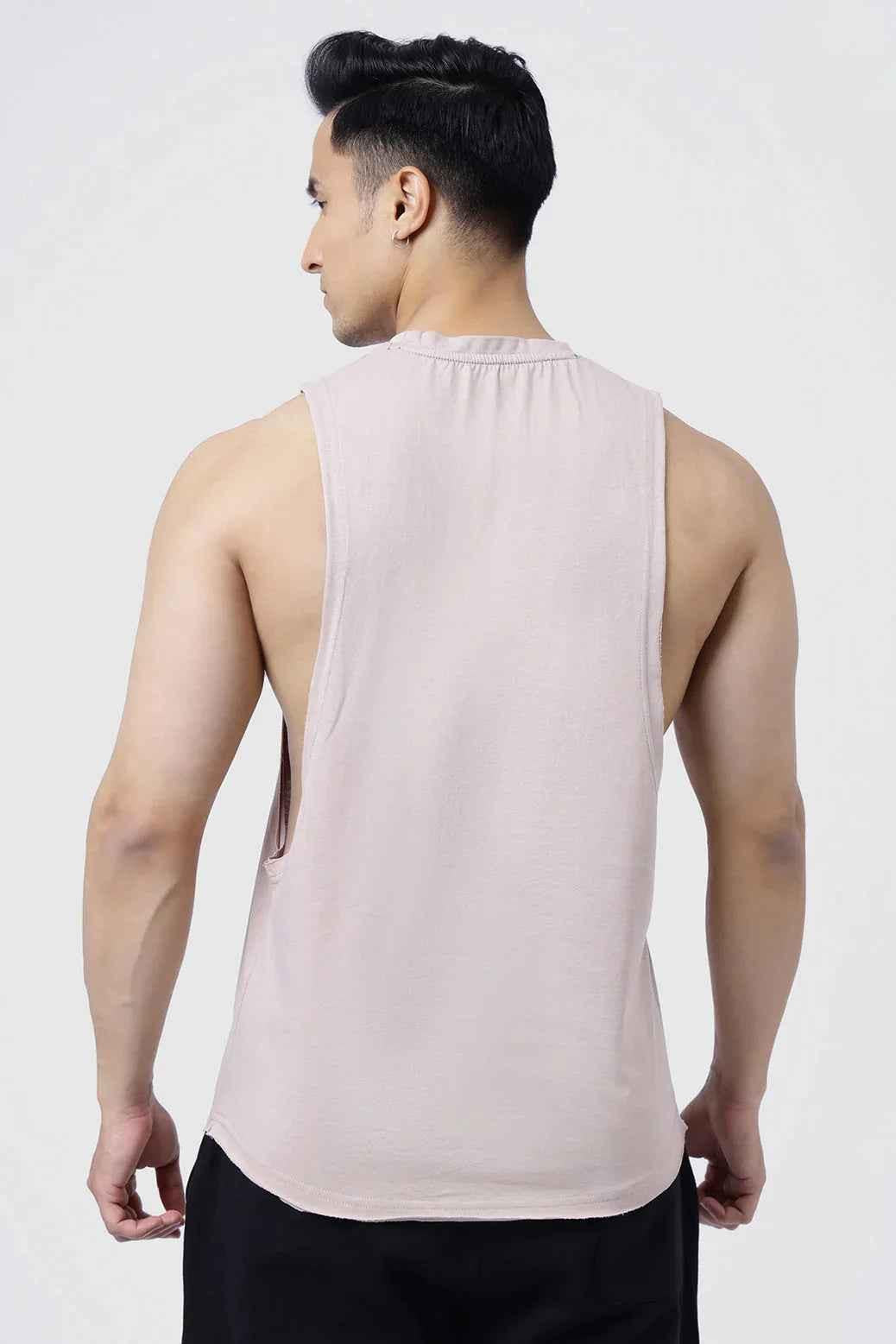 Beige Drift Deep Arm Tank Top by Fuaark Nz, sleeveless design with deep armholes, casual style for everyday wear