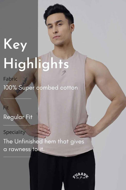Beige Drift Deep Arm Tank Top by Fuaark NZ, casual sleeveless tank with deep armholes, lightweight and comfortable for everyday wear.