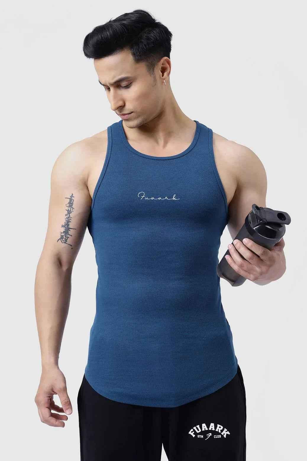 Teal ribbed tank top for men by Fuaark Nz, close-up of fabric texture and sleeveless design.
