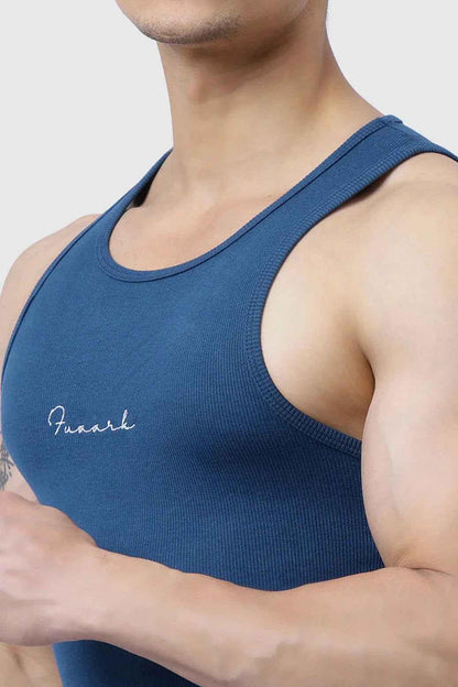 Teal ribbed tank top for men by Fuaark Nz, featuring a fitted design and crew neckline, showcased on a mannequin.
