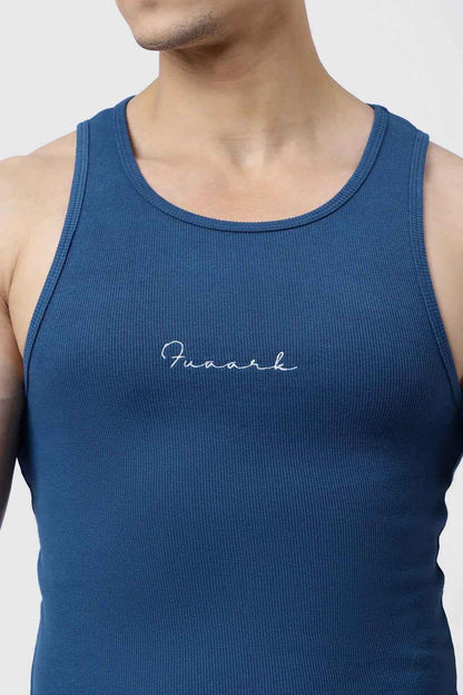 Ribbed teal tank top for men by Fuaark NZ, showcasing a fitted sleeveless design perfect for casual style.