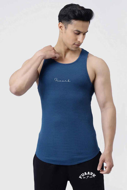 Ribbed teal tank top for men by Fuaark NZ, showcasing a close-up of the fitted sleeveless shirt with textured fabric.