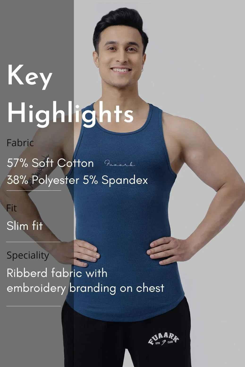 Fuaark Nz teal ribbed tank top for men, close-up of fitted sleeveless shirt with ribbed texture and round neckline
