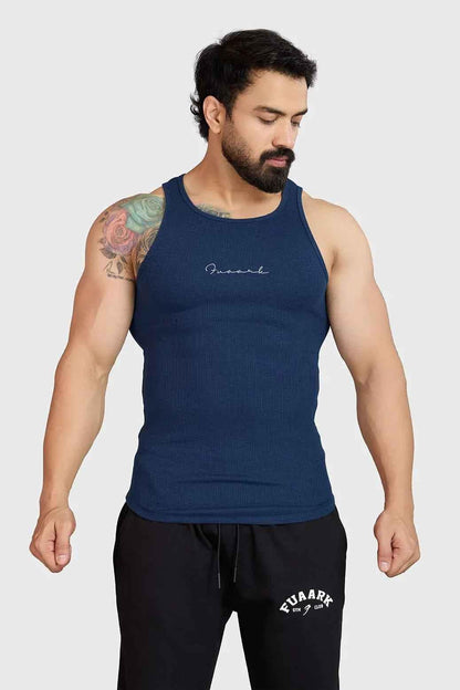 Ribbed navy tank top by Fuaark Nz, casual sleeveless top with fitted design, perfect for layering or everyday wear.